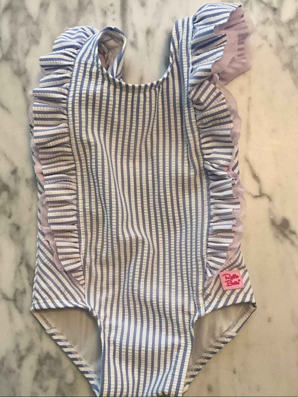 Ruffle Butts Blue and White Striped Ruffle-Trim One-Piece with Pink Logo